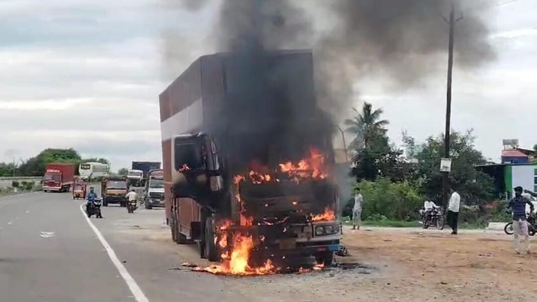 Parcel Lorry Engulfed in Fire on Chennai-Bengaluru Highway