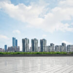modern square with skyline and cityscape background