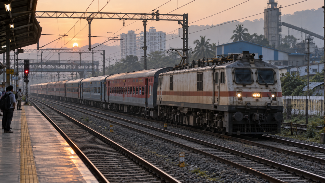 Night passenger train travelling through the Vasai-Bhiwandi railway corridor, illustrating concerns over train theft and passenger safety