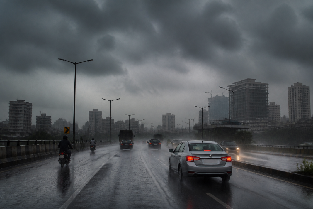 Dark monsoon clouds and heavy rain over a Maharashtra urban roadway during a weather alert