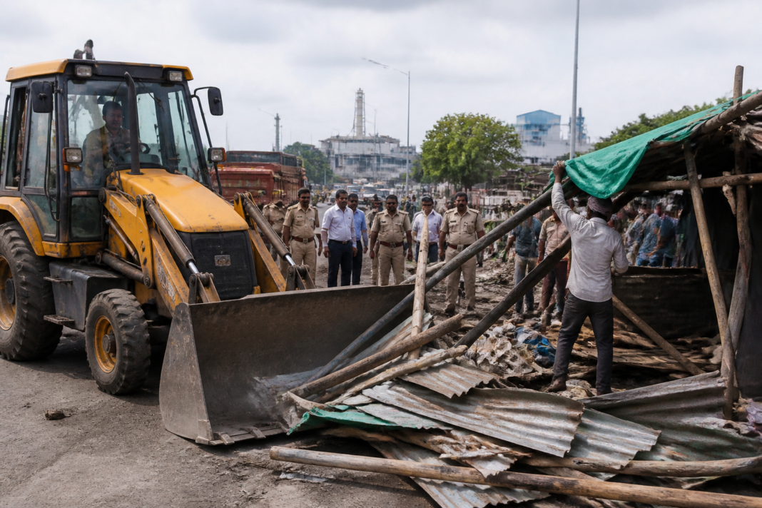 Roadside encroachment removal drive along a highway in Chakan MIDC industrial area