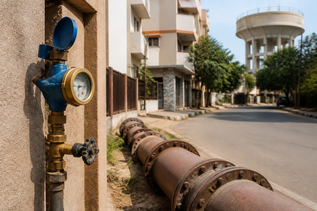Pune equitable water supply scheme infrastructure with a municipal water meter and pipeline network