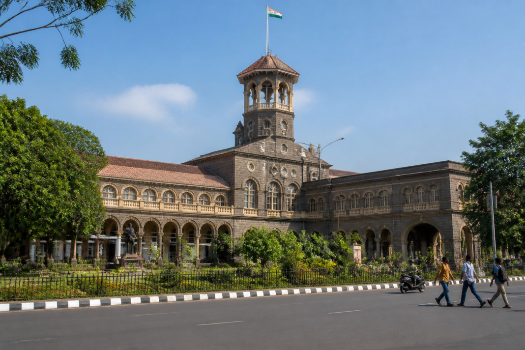 Pune Municipal Corporation headquarters in the context of a dispute over civic development funds and an Ajit Pawar portrait