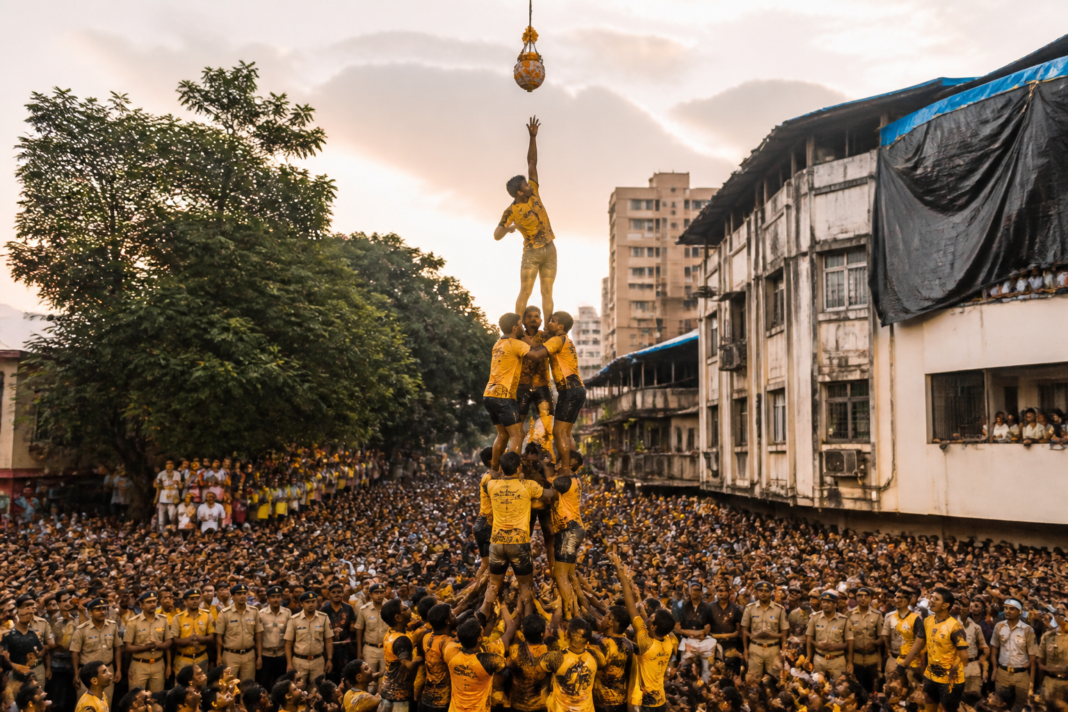Govinda participants forming a human pyramid at a Thane Dahi Handi celebration