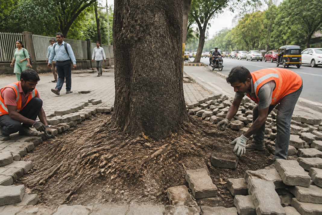 A roadside tree in Navi Mumbai with an open soil pit around its trunk after concrete and paver blocks are removed