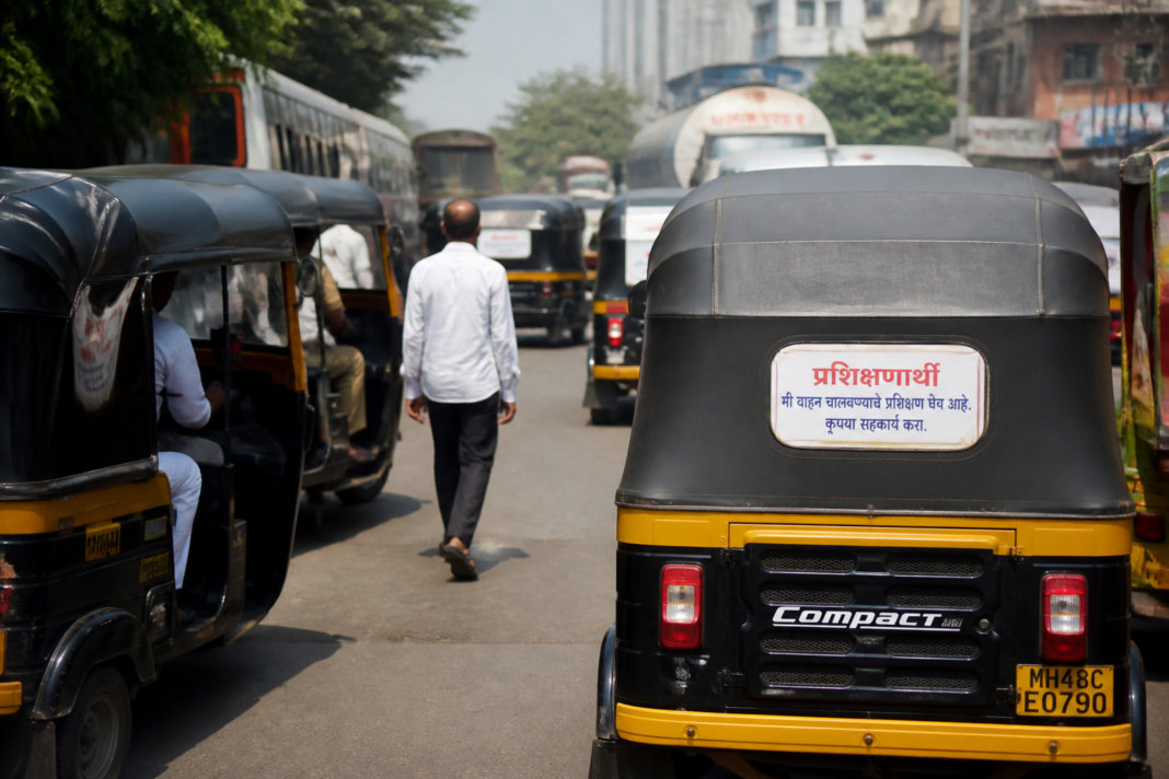 Vasai autorickshaw displaying a Marathi language training sign for passengers