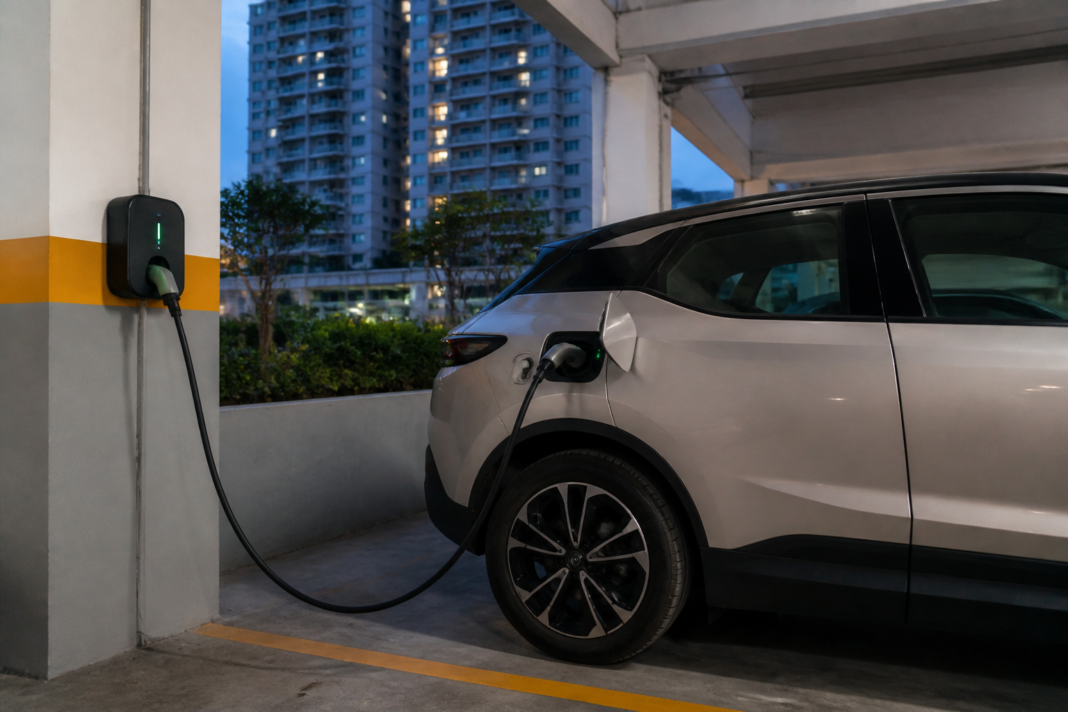 Electric vehicle charging beside an apartment building, illustrating the electrical infrastructure required for home EV charging