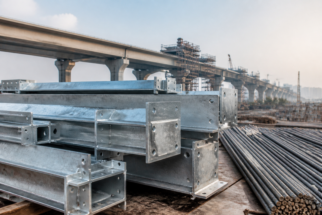 Galvanised steel structural components at an Indian infrastructure construction site