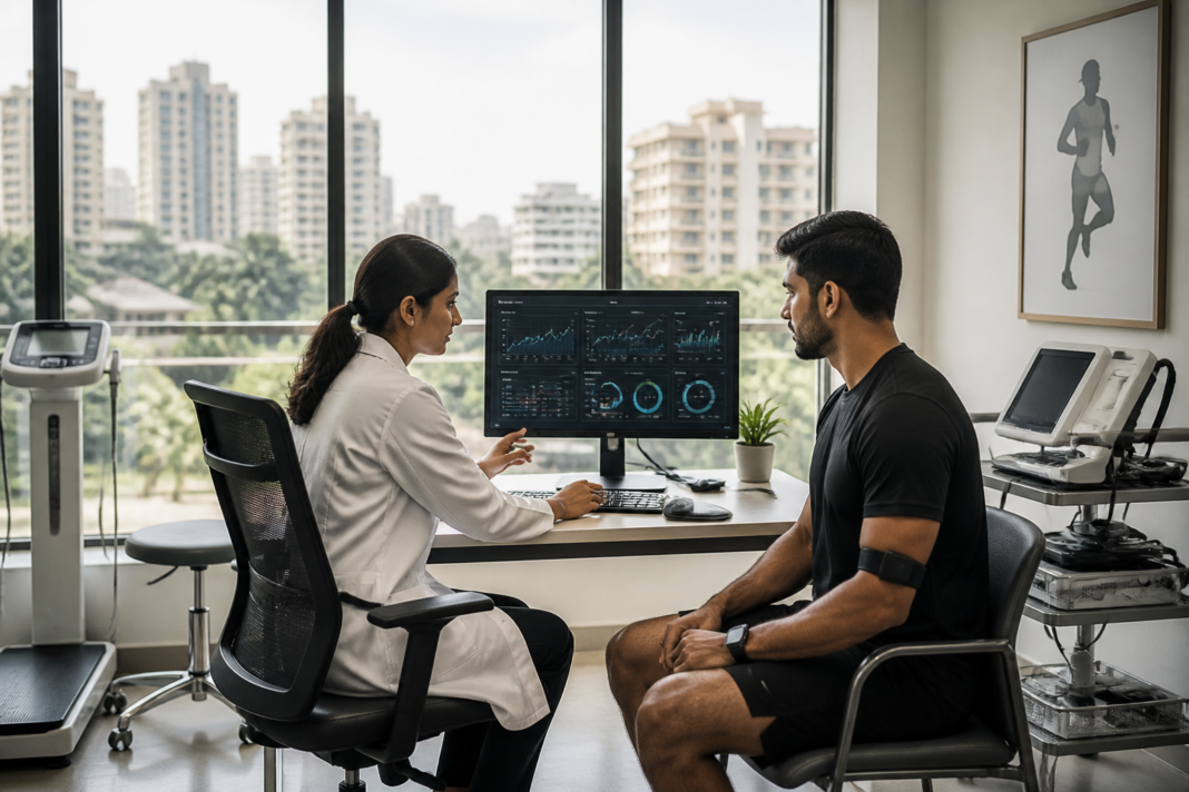 A Bengaluru wellness centre assessment room with wearable health data and biomarker testing equipment