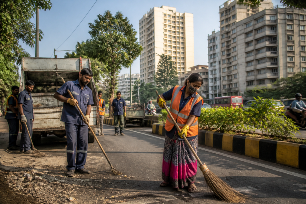 Municipal workers and civic staff operating near an urban road in Thane amid the municipal vacancies and contract staffing reported across MMR