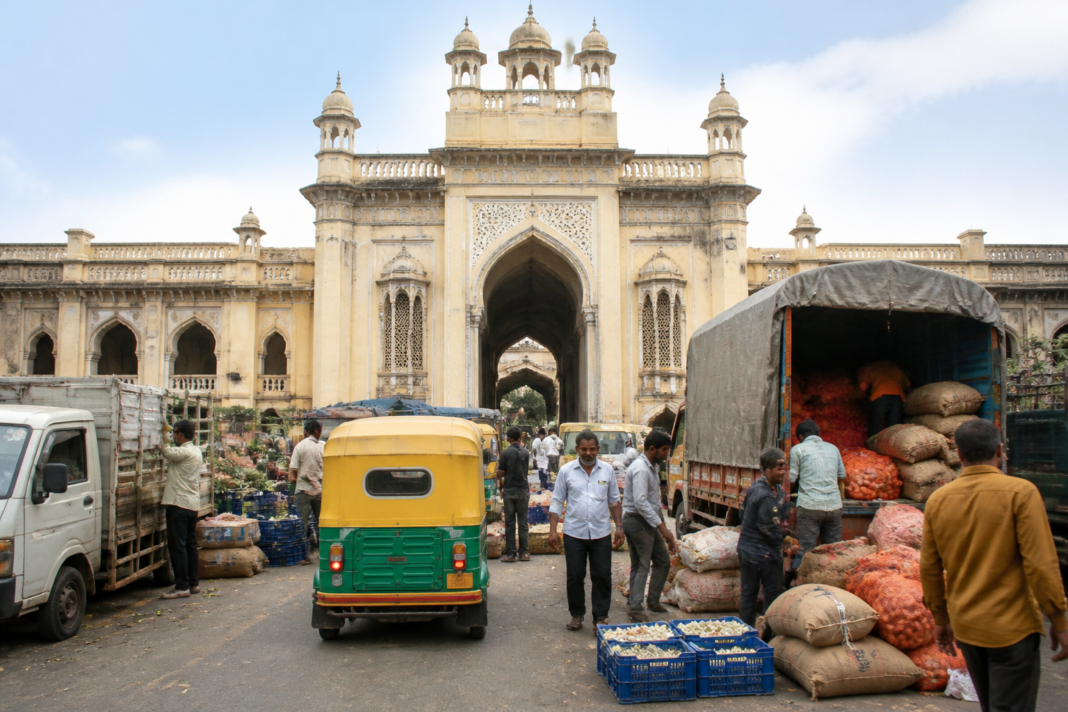 Entrance and busy goods vehicles at Bengaluru's KR Market, where a new KR Market entry fee has been introduced