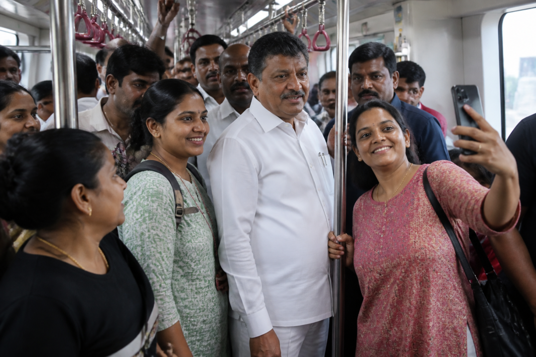 Karnataka minister Krishna Byre Gowda travelling on Bengaluru's Namma Metro Pink Line during an inspection