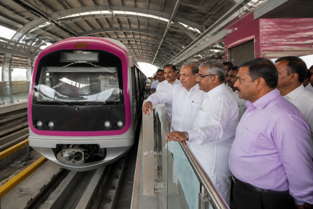 Namma Metro train being inspected at a Pink Line station in Bengaluru