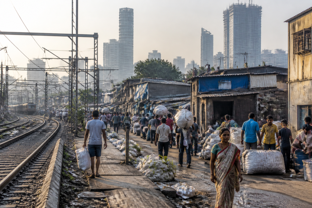 Dharavi redevelopment area in Mumbai with dense residential structures and railway infrastructure nearby