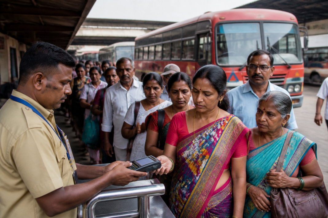 MSRTC bus at a Maharashtra bus depot as passengers use the NCMC card system for concessionary travel