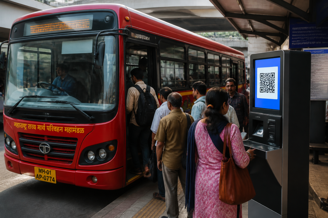MSRTC bus operating on a Maharashtra road, illustrating the proposed conductorless bus service and digital ticketing plan
