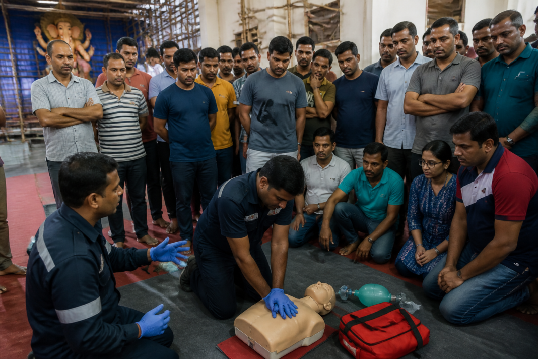 Mumbai Ganeshotsav safety training for volunteers at a public Ganesh mandal