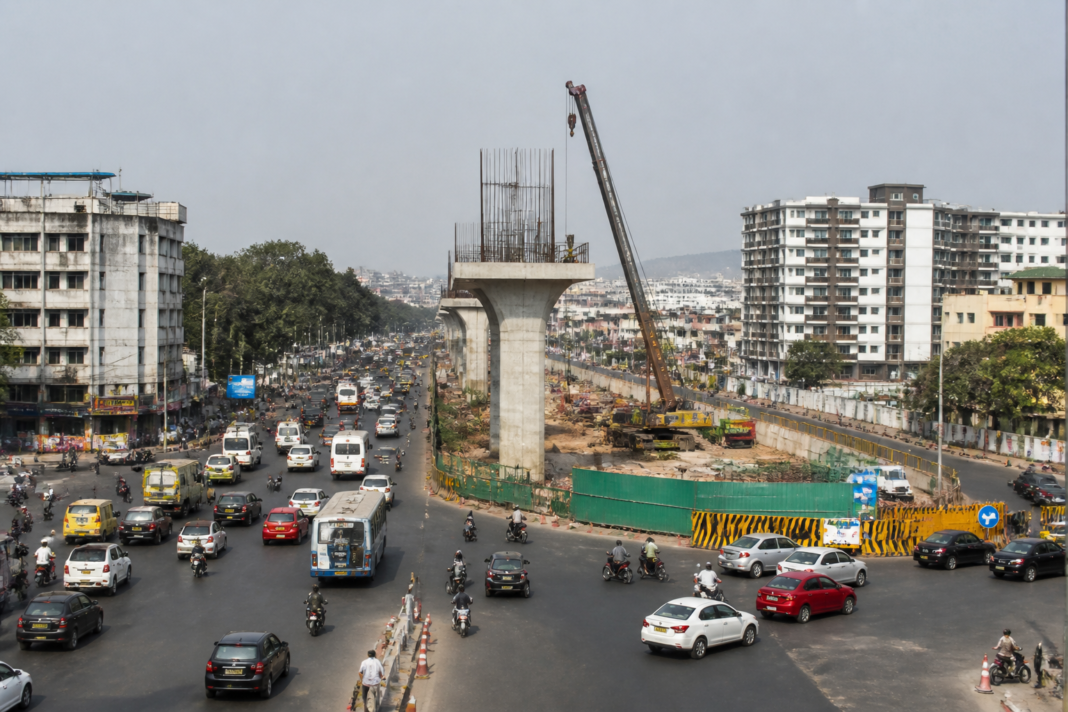 Road junction and flyover construction zone representing the cancelled Pune flyover tender between Chandani Chowk and Bhugaon