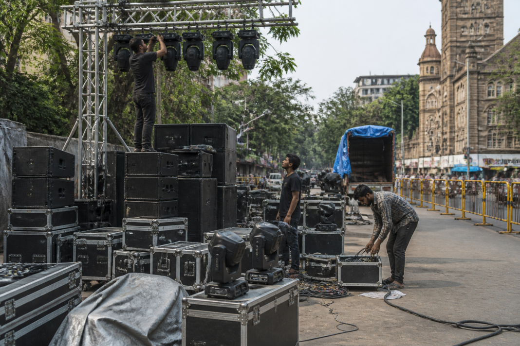Sound system equipment prepared for a festival procession in Pune amid debate over DJ sound limits
