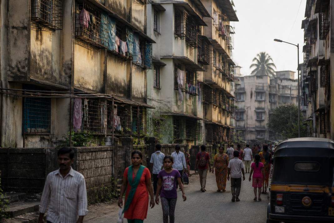 A dense Ulhasnagar neighbourhood with aging residential buildings, illustrating the proposed Ulhasnagar cluster redevelopment survey