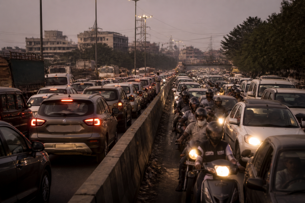 Traffic congestion and vehicles entering the wrong-way lane on Kalyan-Shilphata Road