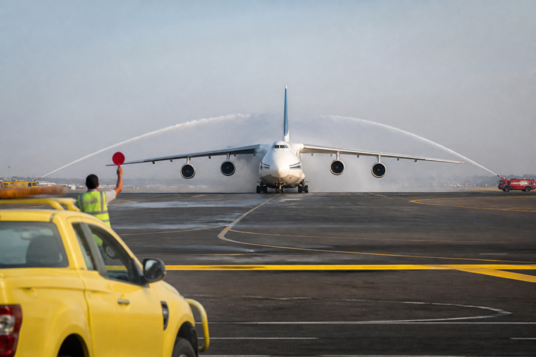 Antonov AN-124 cargo aircraft on the runway at Navi Mumbai International Airport after carrying 46 tonnes of goods from Abu Dhabi