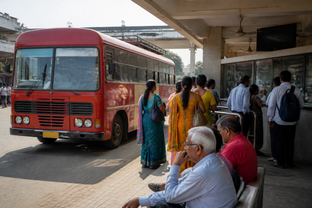Maharashtra ST bus at a Palghar depot representing NCMC card use by women and senior citizens
