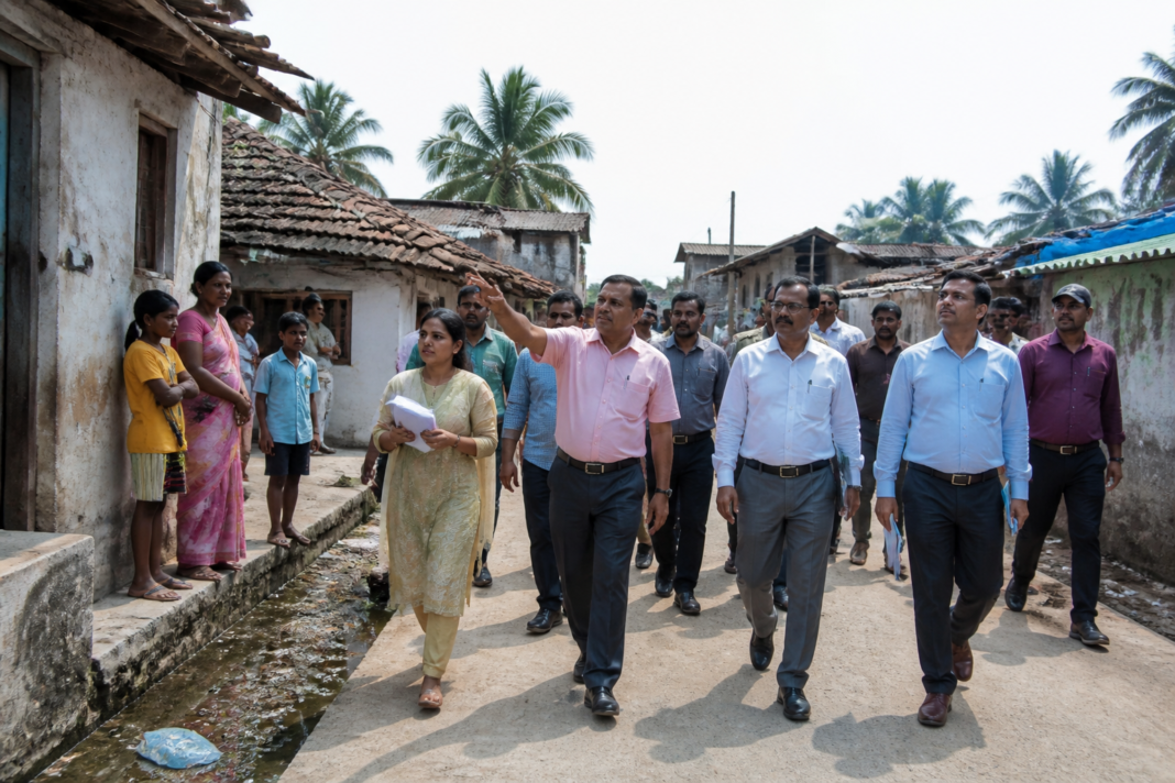 Officials inspecting an old village settlement in Mira Bhayandar during a government review of house reconstruction and gaothan protection