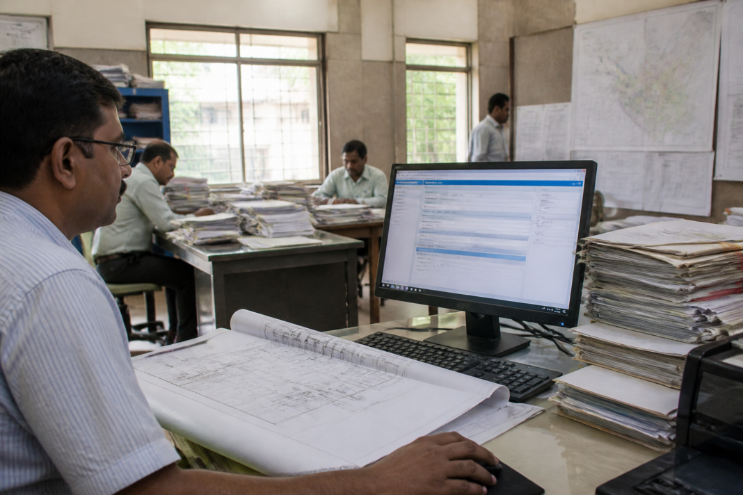 Vasai-Virar Municipal Corporation town-planning records and building approval information on a computer screen