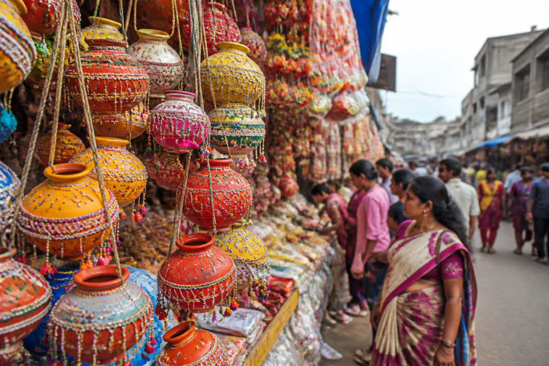 Decorated colourful Dahihandi earthen pots displayed for sale in a crowded Vasai market