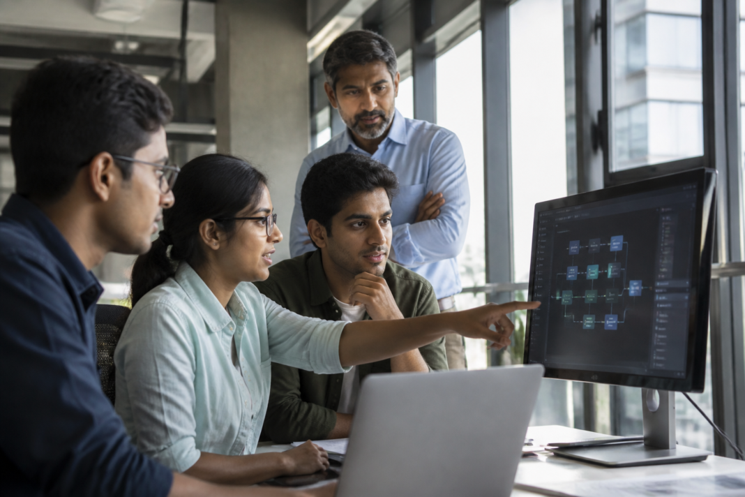 Young professionals working in a modern Indian office with an AI-enabled digital workstation representing changing AI entry-level jobs