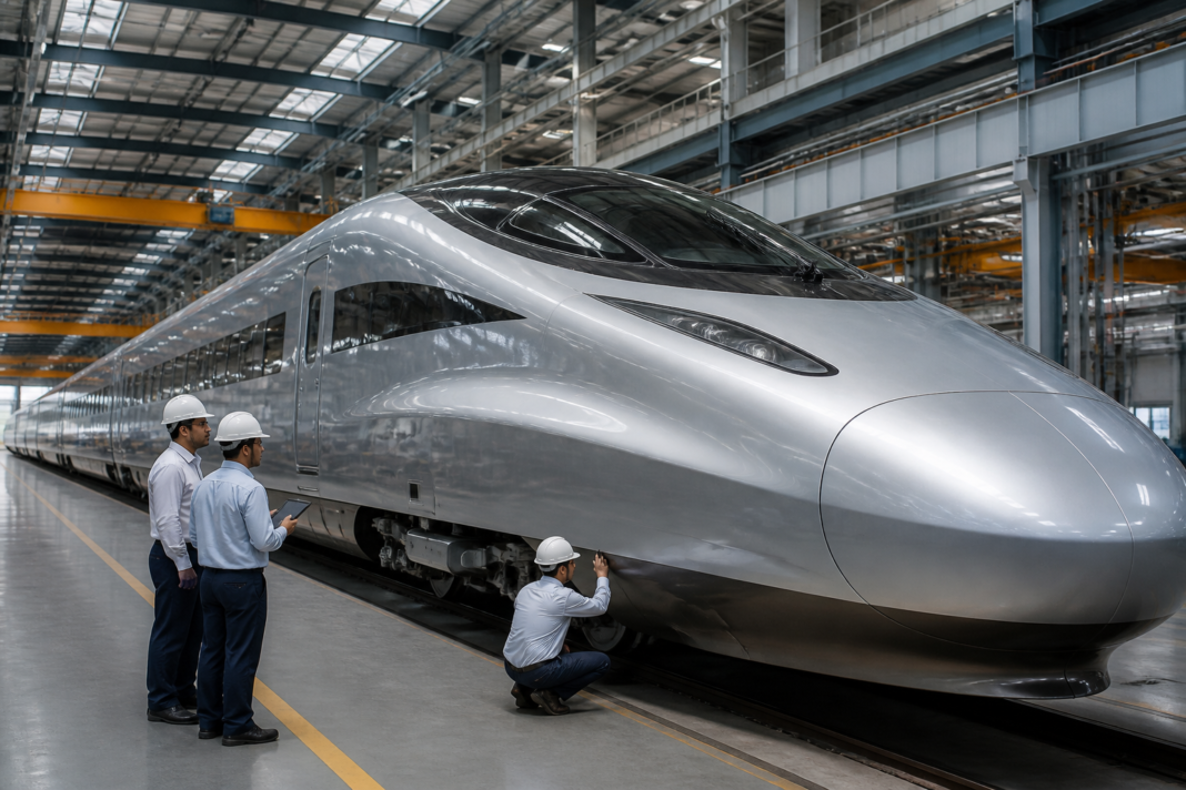 Indian Railways high-speed bullet train prototype at a modern rail manufacturing facility