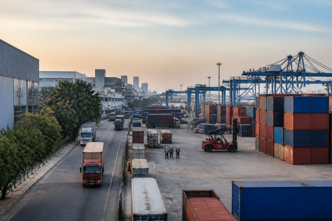 Indian manufacturing and logistics infrastructure representing the India-US trade deal and export economy