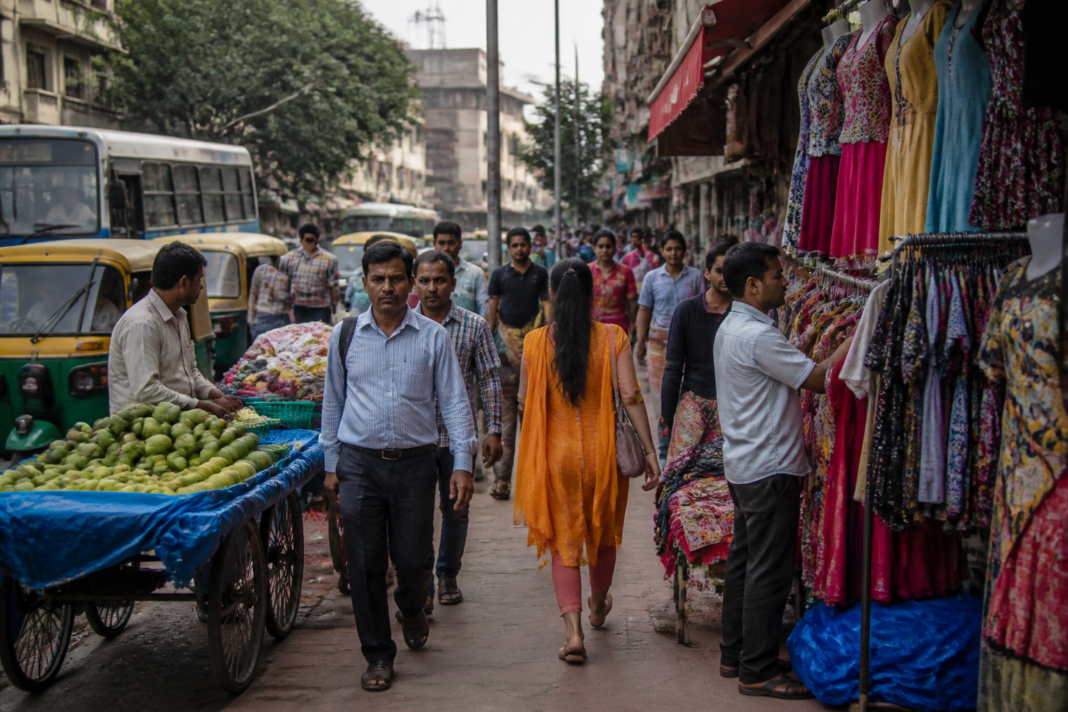 Pedestrians navigating vendor carts and shop displays on an encroached footpath in Bengaluru
