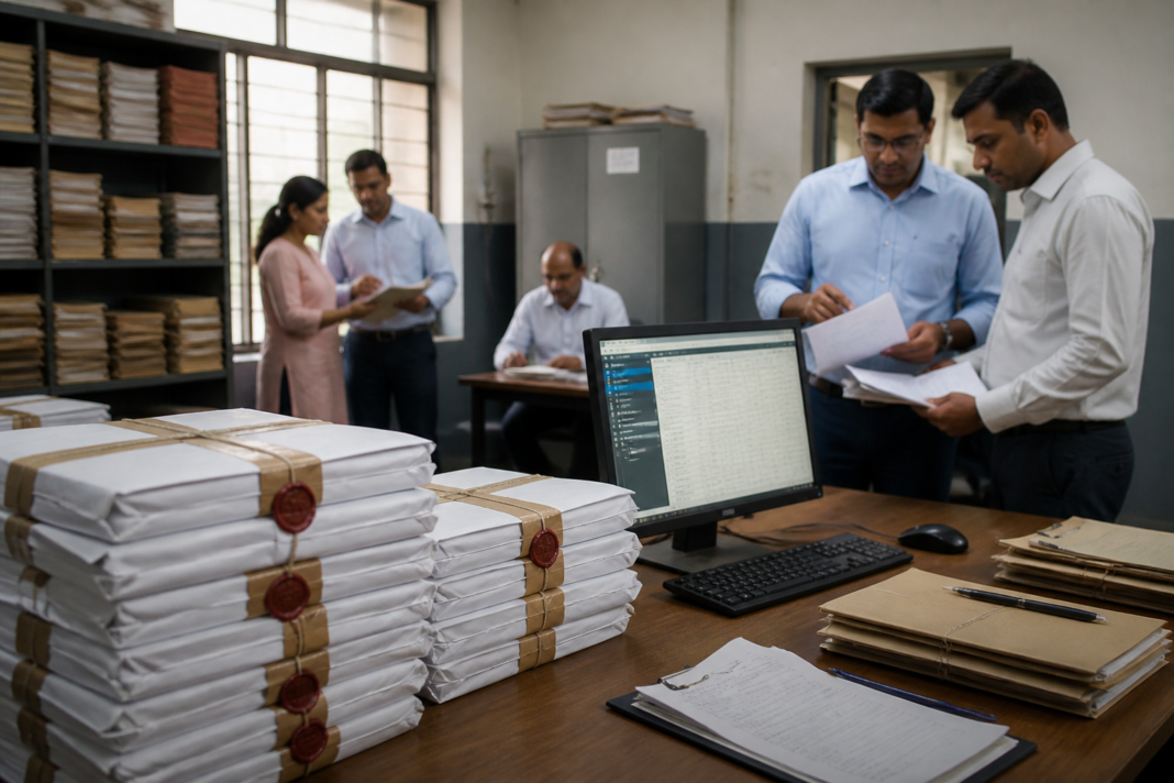 KPSC recruitment scam investigation documents and examination records shown on a desk in a government office