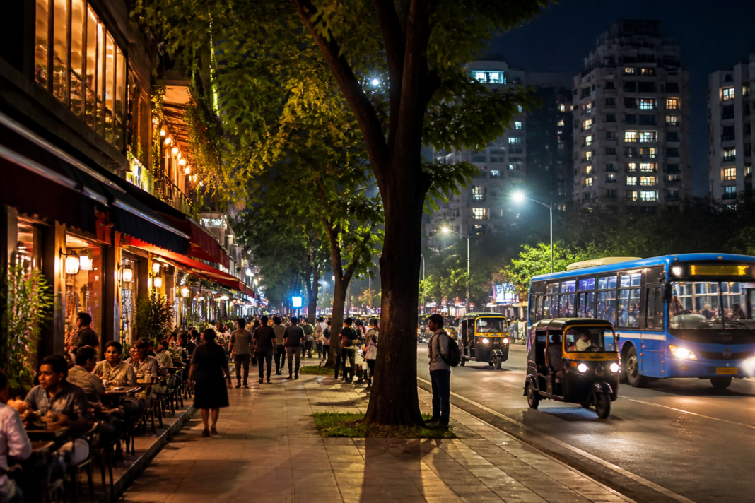 Bengaluru nightlife scene with illuminated commercial streets, cafés and urban buildings after dark
