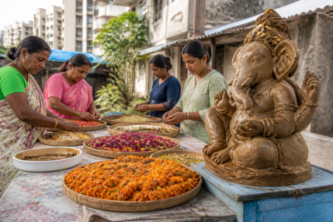 Ganesh idol made from recycled flower waste by a cultural mandal in Koparkhairane, Navi Mumbai