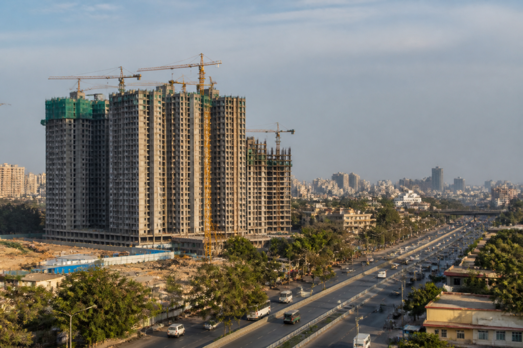 High-rise construction and surrounding urban infrastructure in Pune, illustrating the city’s construction growth challenge
