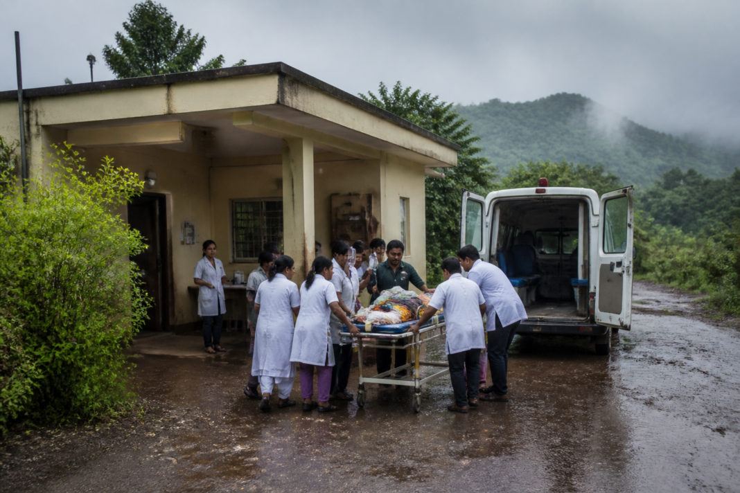 Healthcare workers coordinate maternal and child emergency services at a rural health facility in Palghar during the monsoon