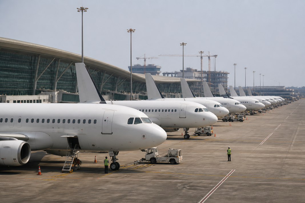 Airbus commercial aircraft on an airport apron in India, representing planned India aircraft deliveries and aviation maintenance growth