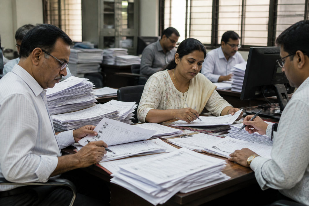 Election officials reviewing voter list documents in Bengaluru during the Byatarayanapura electoral roll verification process