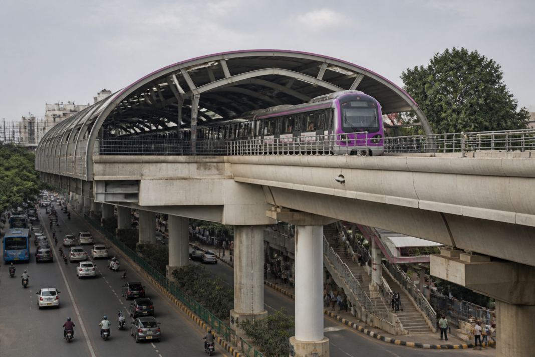 Namma Metro train at Jayadeva Hospital station on Bengaluru's elevated Pink Line