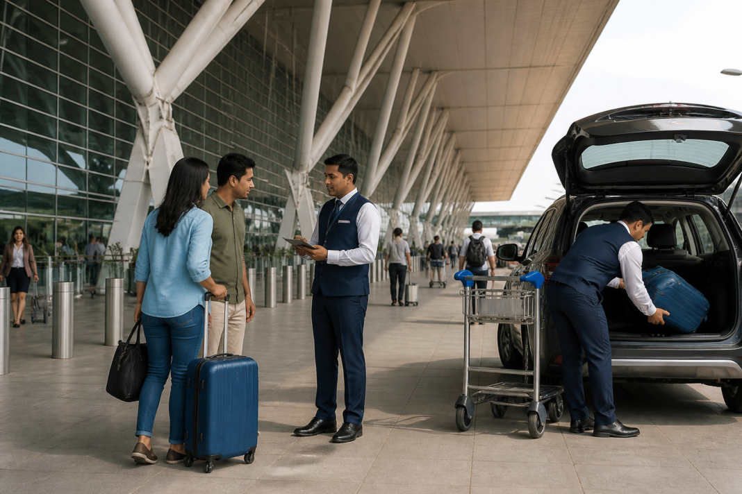 Passengers using the terminal kerbside at Kempegowda International Airport Bengaluru, where Care by BLR passenger services have been launched