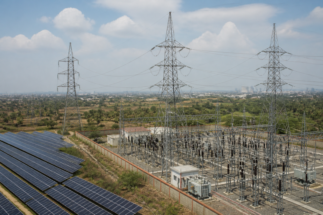 Karnataka power capacity expansion represented by a transmission substation and renewable-energy infrastructure