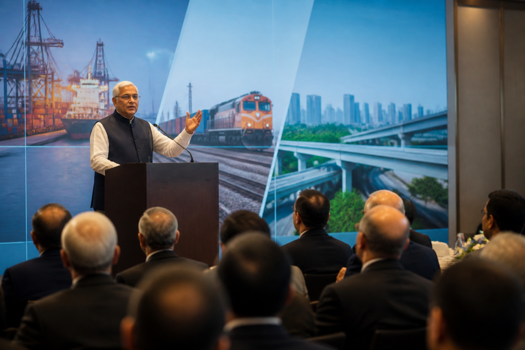 Gujarat Chief Minister Bhupendra Patel speaking at a Mumbai roadshow promoting the Mumbai-Gujarat economic corridor