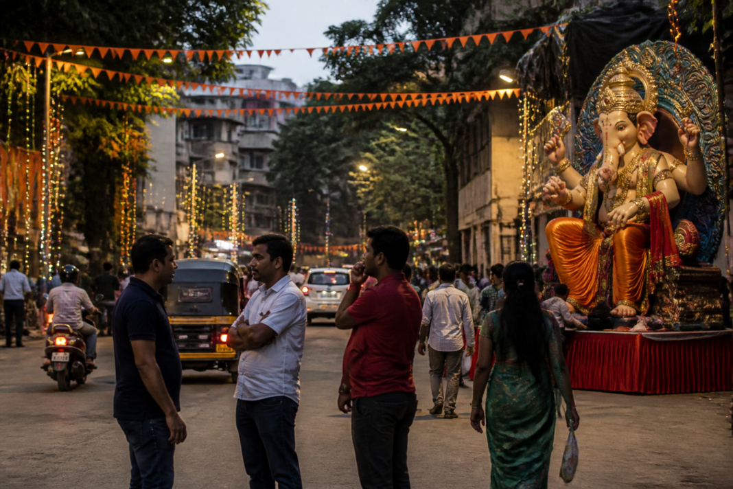 Ganeshotsav decorations and a public street in Pune amid debate over festival noise and civic inconvenience