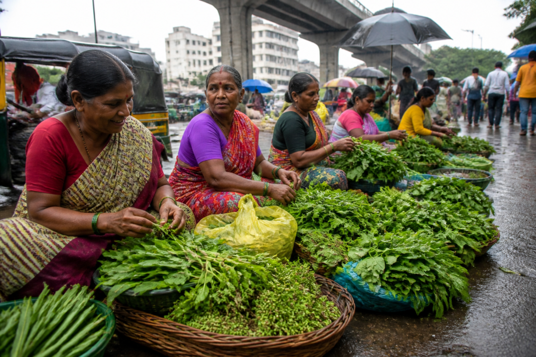Tribal women selling seasonal wild vegetables at a busy Thane market during the monsoon