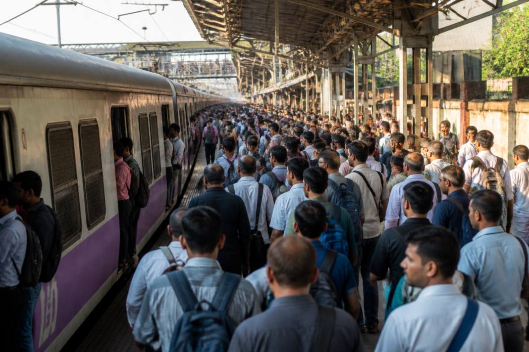 Crowded suburban railway platform at Diva station with passengers waiting for a fast local train