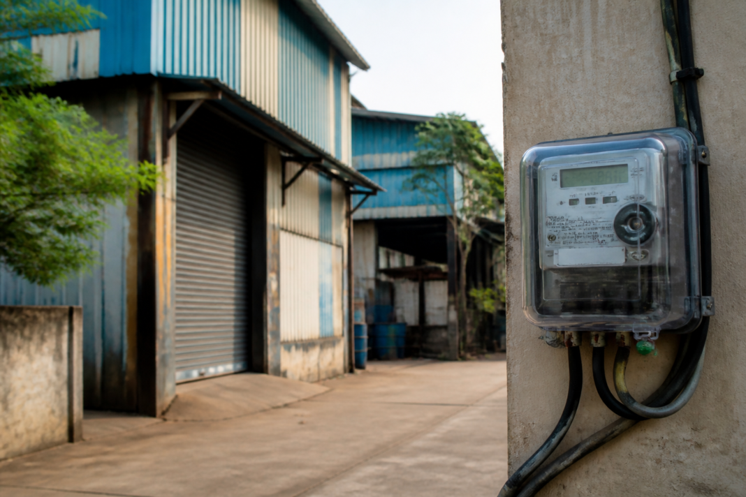 Smart electricity meter outside an industrial unit in Thane, representing a reported power disconnection after bill payment