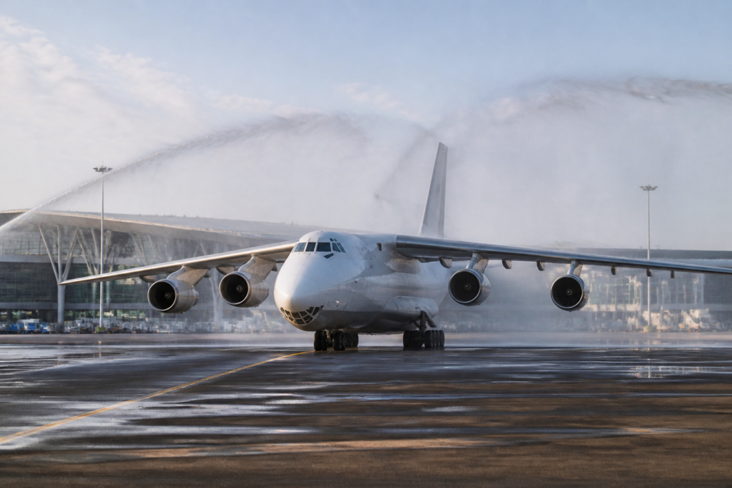 Antonov AN-124 cargo aircraft on the runway at Navi Mumbai International Airport after arriving from Abu Dhabi